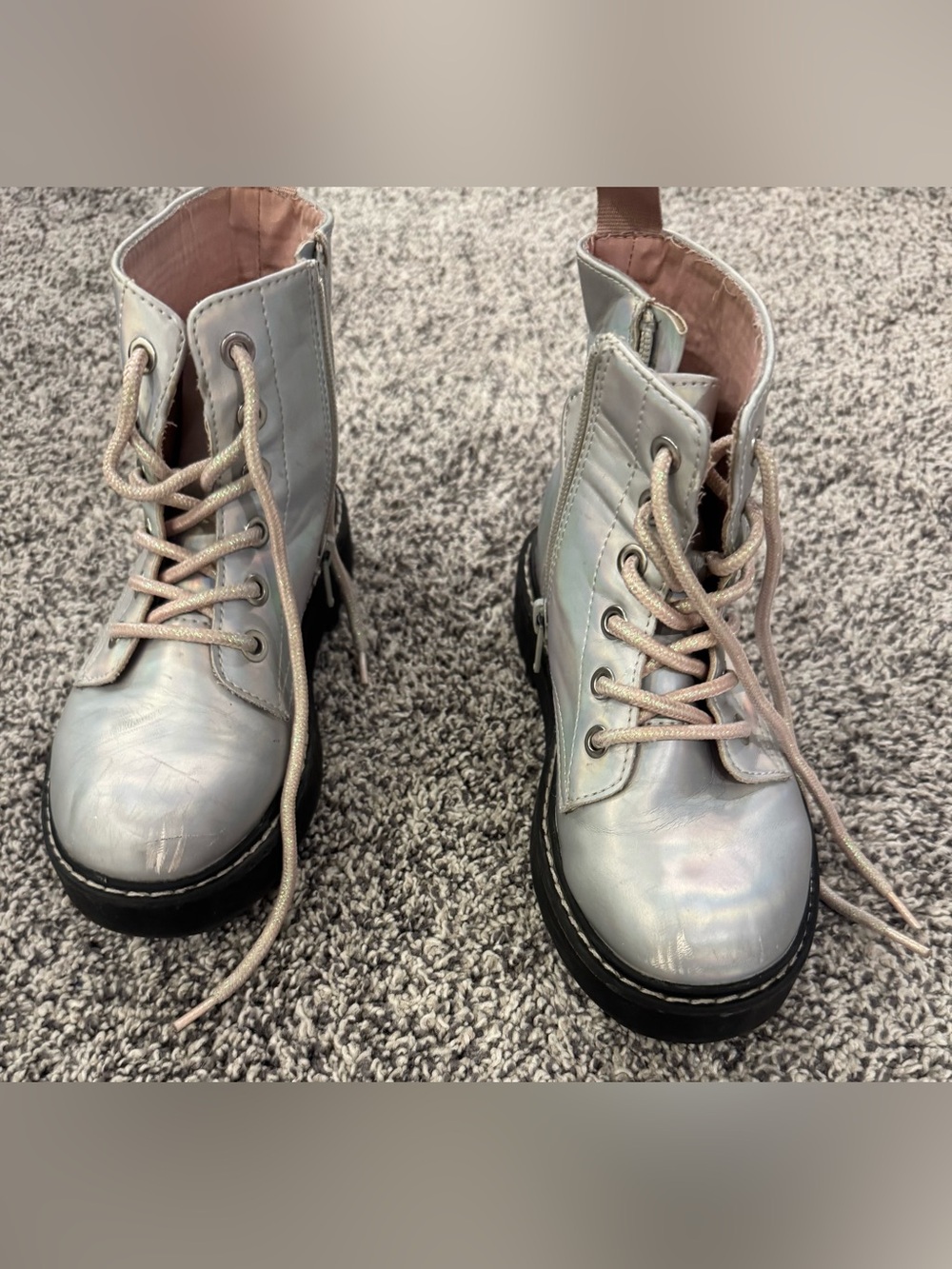 H&M Iridescent Silver Zip-Up Combat Boots with Pink Laces